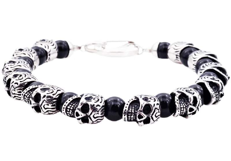 Trendy women bracelets-Mens Genuine Onyx Stainless Steel Skull Beaded Bracelet