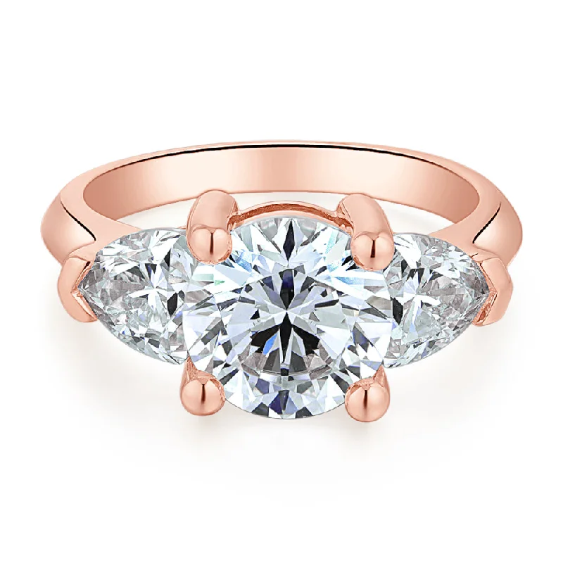 Personalized women rings-Three stone ring with 4.15 carats* of diamond simulants in 10 carat rose gold