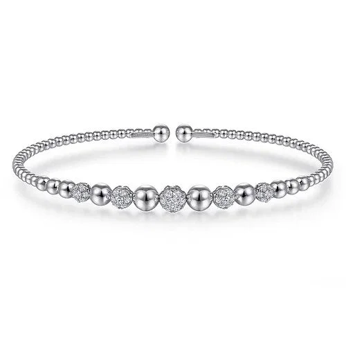 Sparkling women bracelets-14K White Gold Bujukan Bead Cuff Bracelet with Pave Diamond Stations