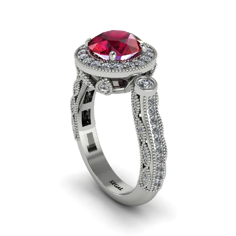 Luxury diamond engagement rings for women-Milgrain Halo Pave Ruby Engagement Ring - Mabel No. 12