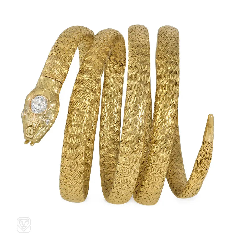 Handmade women bracelets-Antique French gold and diamond snake bracelet