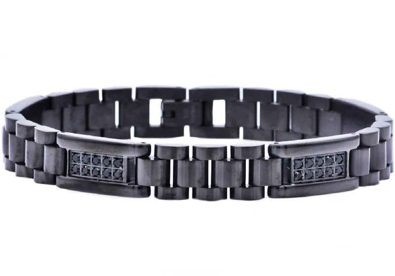 Statement bangles for women-Mens Black Stainless Steel Link Bracelet With Black Cubic Zirconia