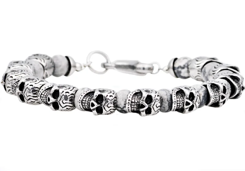 Adjustable women bracelets-Mens Genuine Gray Caso Jasper Stainless Steel Skull Beaded Bracelet