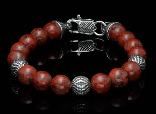 Charm women bracelets-Seaside - Red Jasper, Beaded bracelet with sculpted sterling silver and Red Sesame Jasper