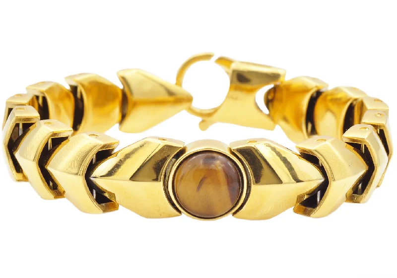 Pearl bangle bracelets for women-Mens Genuine Tiger Eye Gold Stainless Steel Bracelet