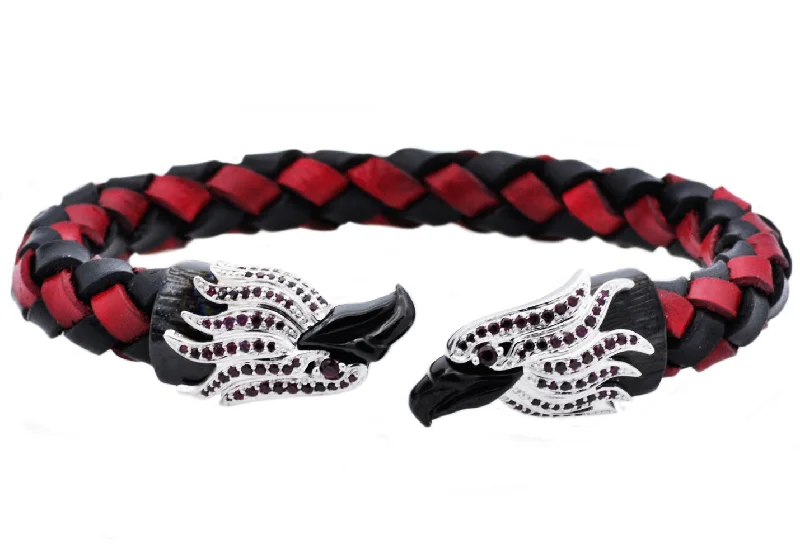 Geometric women bracelets-Mens Red And Black Leather Black Stainless Steel Eagle Bracelet With Black Cubic Zirconia