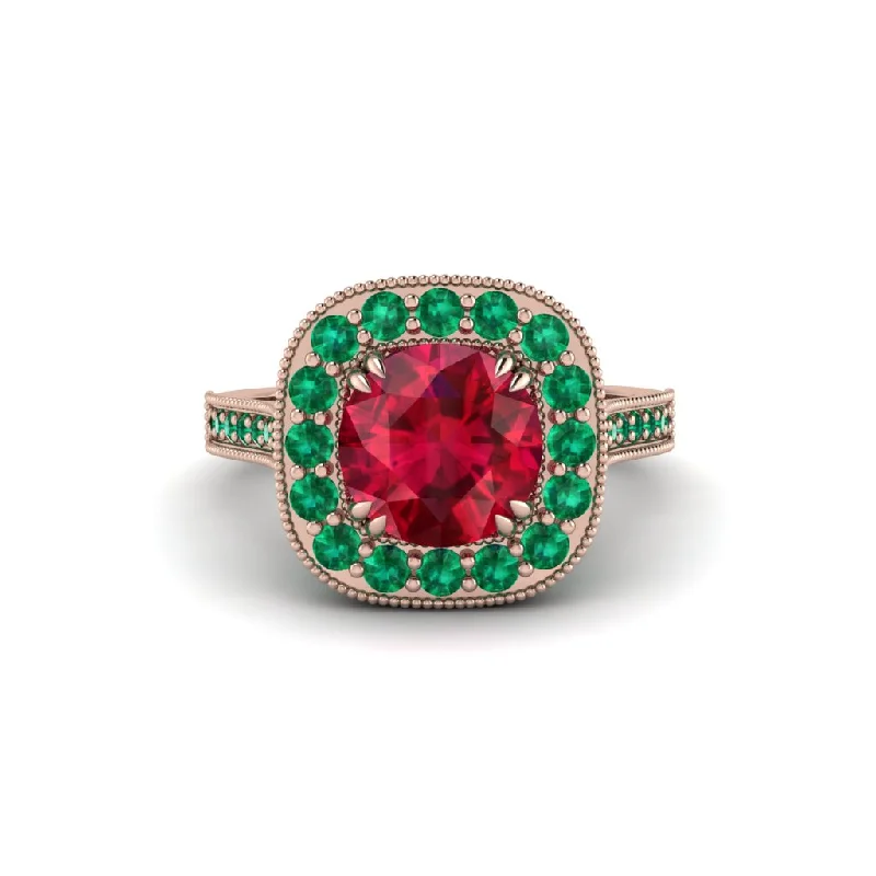 Engagement rings with square diamonds for women-Milgrain Halo Round Ruby Engagement Ring - Odette No. 26