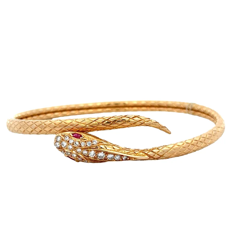 Chunky gold women bracelets-Ruby and Diamond Snake Bangle Bracelet in 18k Yellow Gold