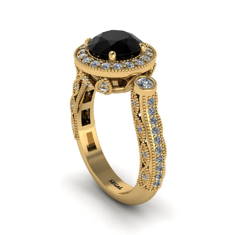 Engagement rings with an intricate design for women-Milgrain Halo Pave Black Diamond Engagement Ring - Mabel No. 7