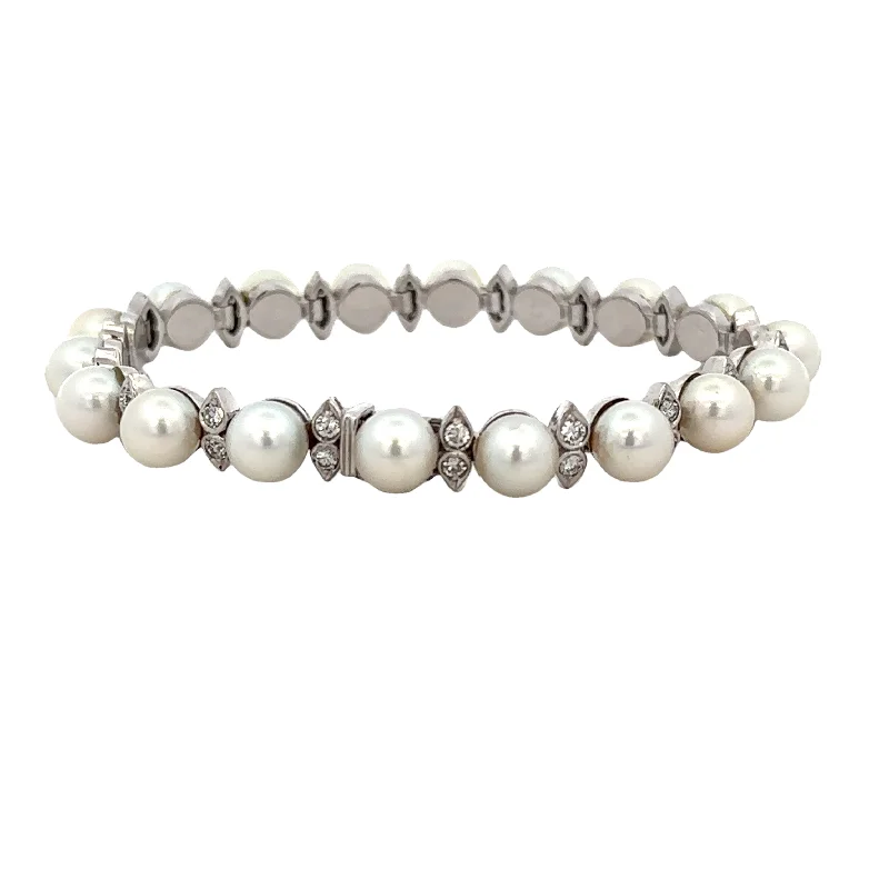 Round women bracelets-Vintage Akoya Cultured Pearl and Diamond Bracelet in 18k White Gold