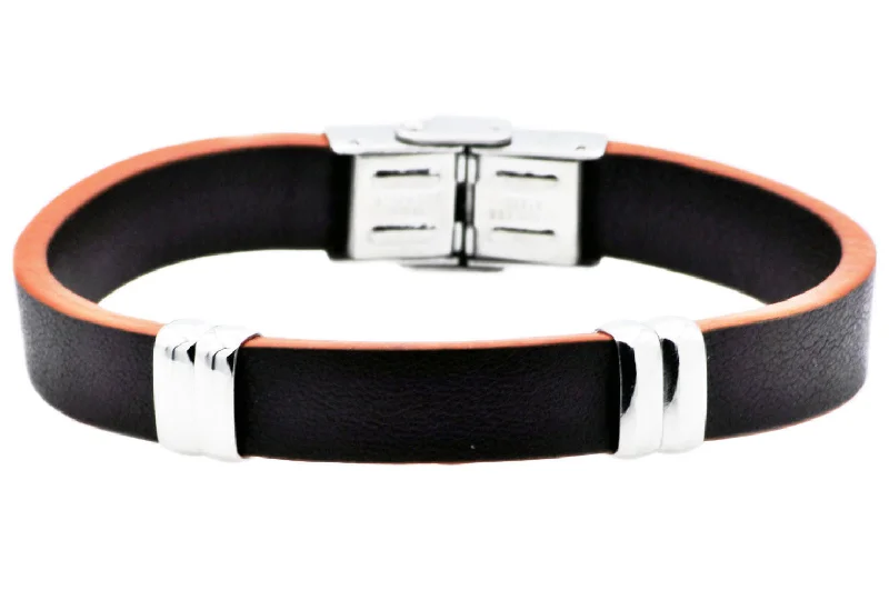 Crystal women bracelets-Mens Brown And Orange Leather Stainless Steel Bracelet