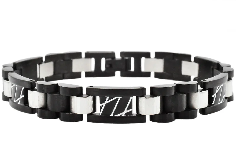 Mixed metal women bracelets-Mens Black Stainless Steel Link Bracelet With White Stripes