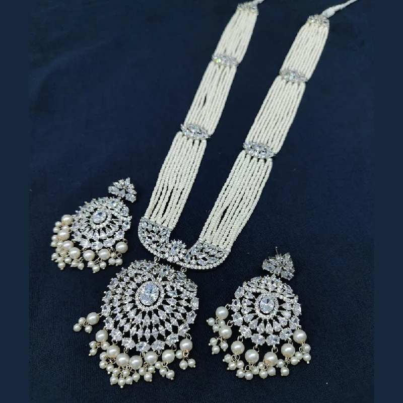 Wedding women necklaces-Akruti Collection Silver Plated AD Stone And Pearls Necklace Set