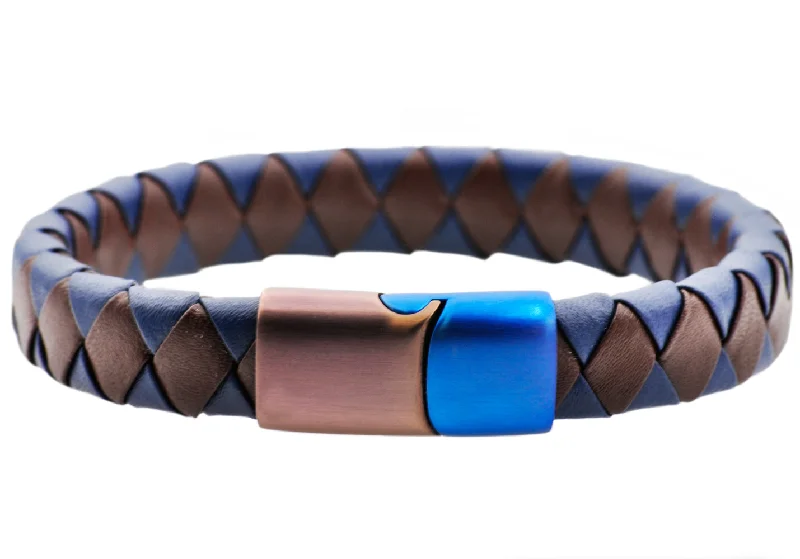 Leather bangle bracelets for women-Mens Brown And Blue Leather Brown And Blue Stainless Steel Bracelet