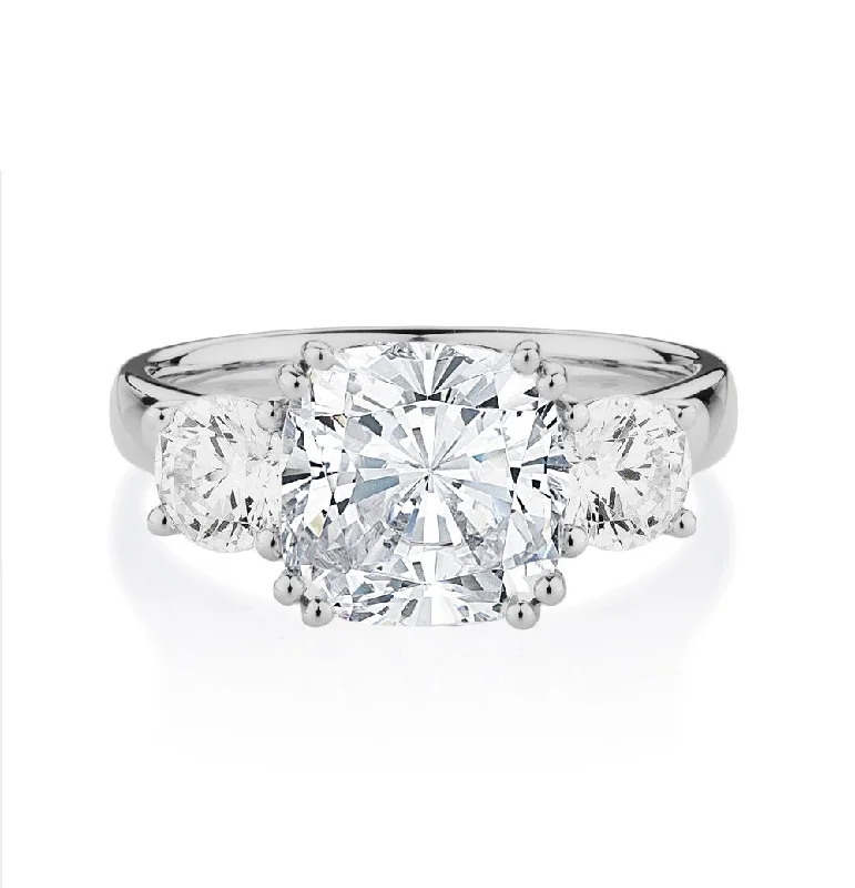 Designer women rings-Three stone ring with 3.75 carats* of diamond simulants in 10 carat white gold