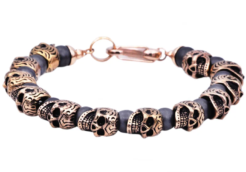 Diamond women bracelets-Mens Genuine Hematite Rose Stainless Steel Skull Beaded Bracelet