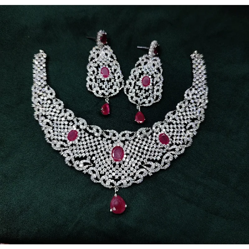 Ruby women necklaces-Akruti Collection Silver Plated American Diamond Necklace Set