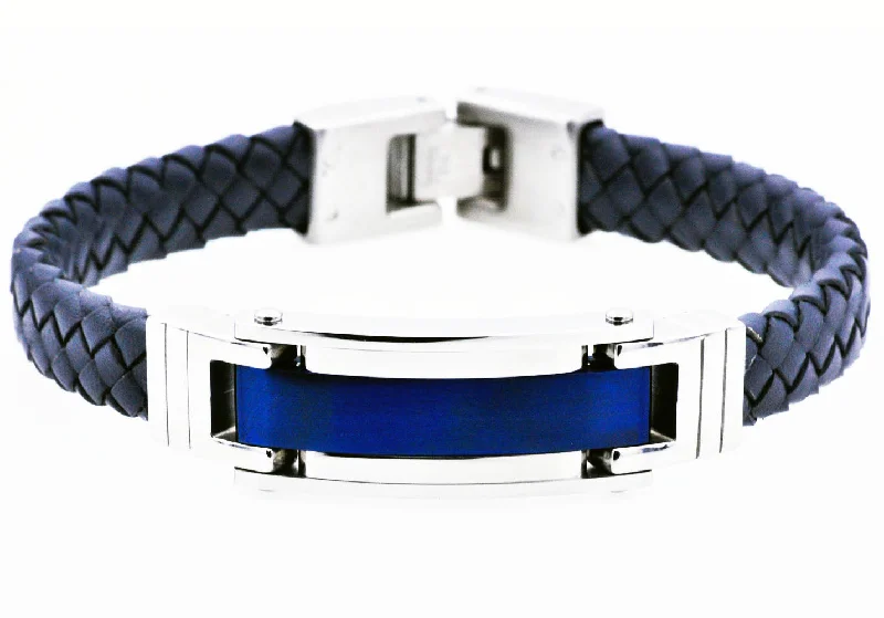 Simple beaded women bracelets-Mens Blue Stainless Steel Blue Leather Bracelet