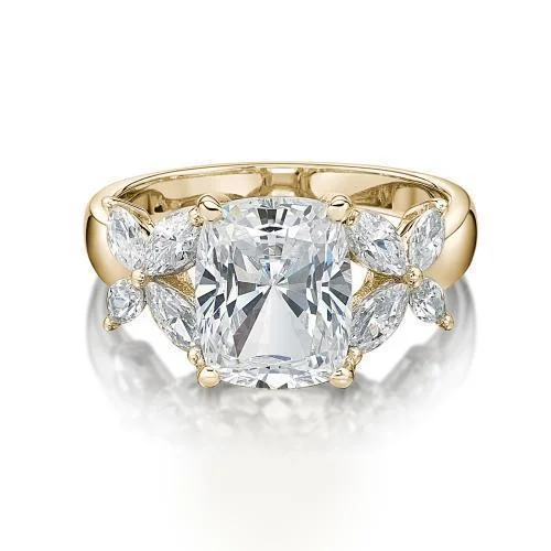 Silver women rings-Cushion and Marquise Dress ring with 4.45 carats* of diamond simulants in 10 carat yellow gold