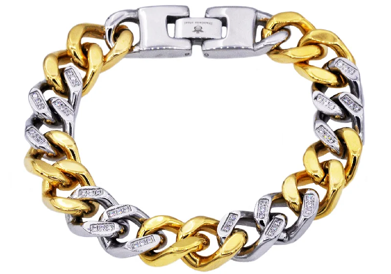 Beaded women bracelets-Mens Two Tone Gold Stainless Steel Curb Link Chain Bracelet With Cubic Zirconia