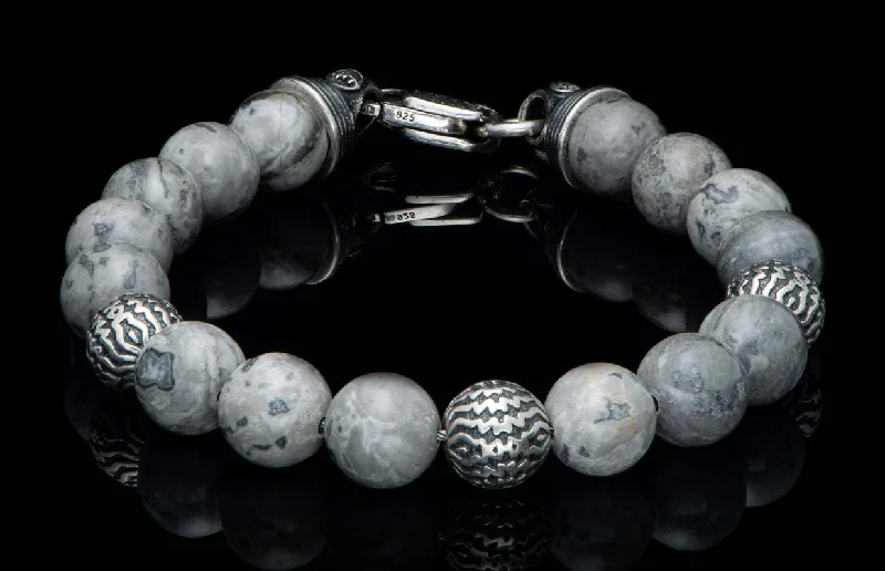 Boho women bracelets-Seaside - Silver Agate, Beaded bracelet with sculpted sterling silver and Silver lace agate