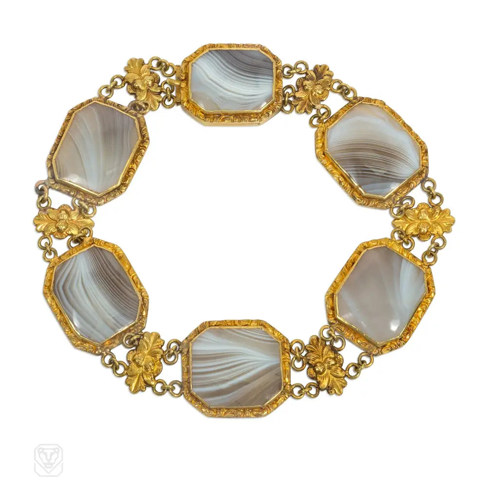 Fashionable bangles for women-Georgian agate and gold plaque bracelet