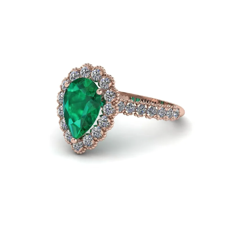 Engagement rings with eternity bands for women-Halo Pear Emerald Pave Engagement Ring - Ingrid No. 5