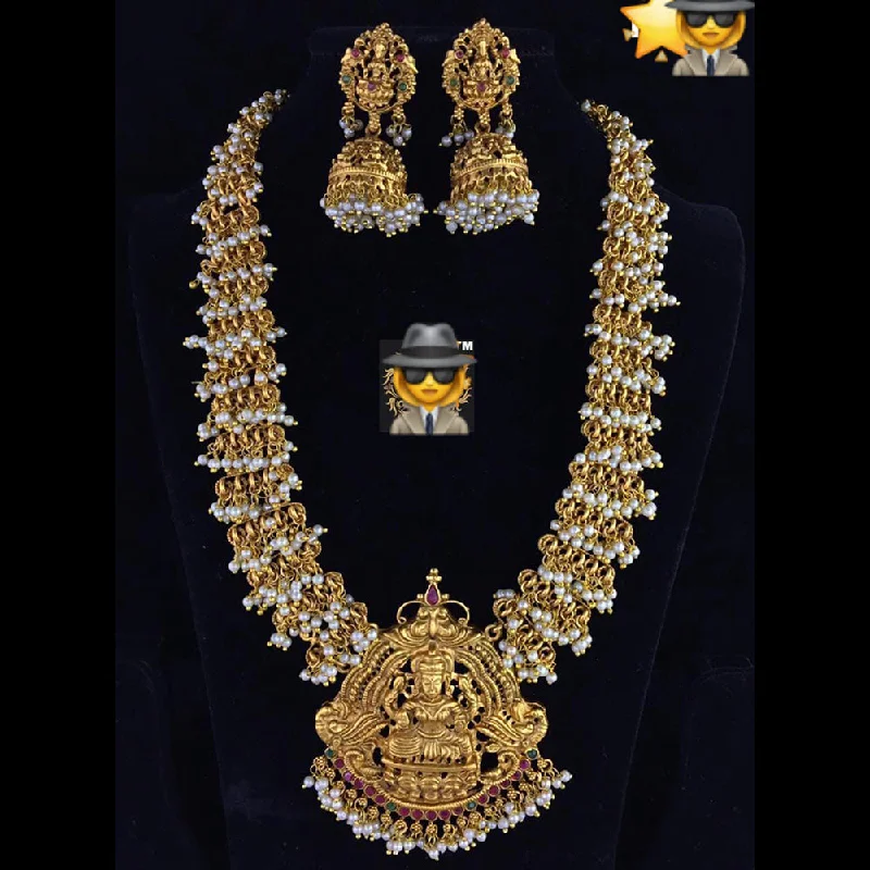 Small women necklaces-Sai Fashion Gold Plated Pota Stone Temple Design Long Necklace Set