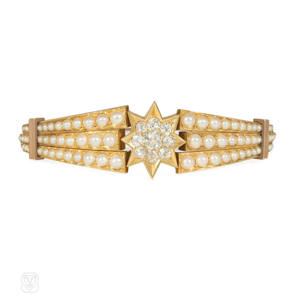 Gold bangle bracelets for women-Antique pearl and diamond shooting star bracelet