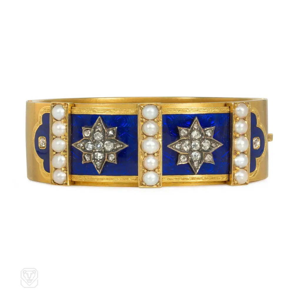 Beautiful women bracelets-Antique enamel, pearl and diamond cuff bracelet