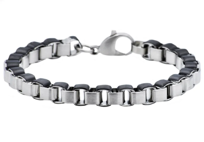 Trendy women bracelets-Mens Black Stainless Steel Box Link Chain Bracelet