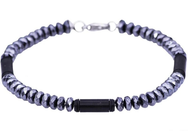 Simple beaded women bracelets-Mens Genuine Hematite Black Plated Stainless Steel Disk Link Chain Bracelet