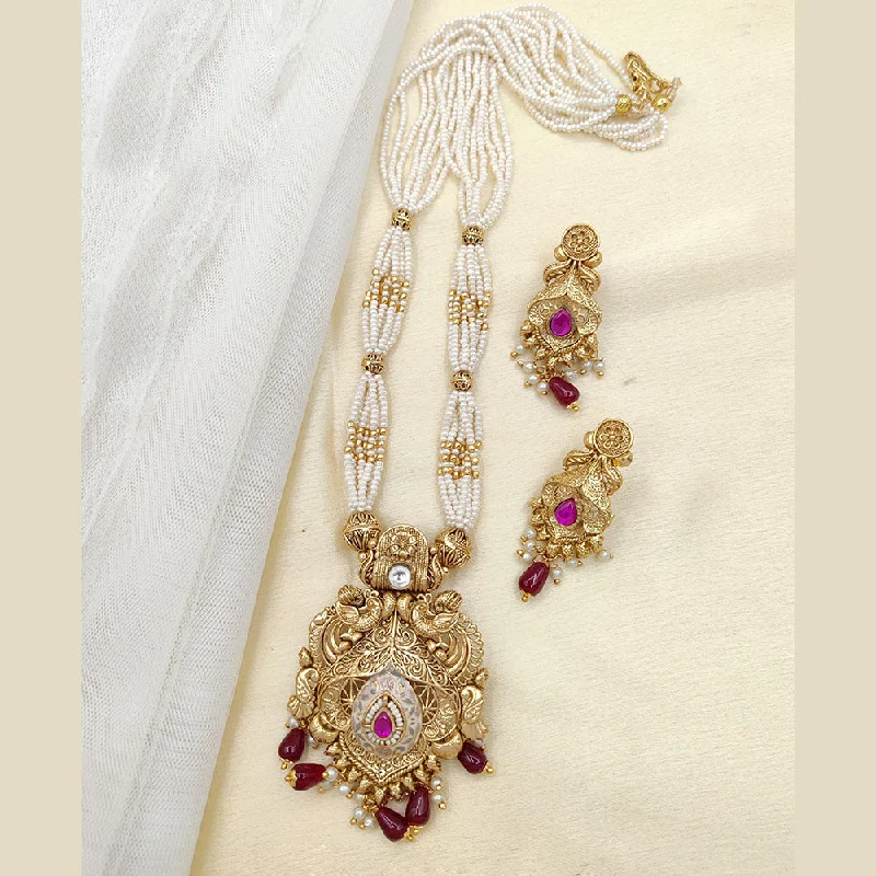 Flower women necklaces-Jewel Addiction Copper Rajwadi Finish Pota Stone And Pearl Long Necklace Set