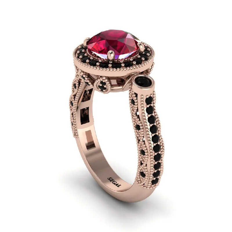 Engagement rings with side stones for women-Milgrain Halo Pave Ruby Engagement Ring - Mabel No. 41