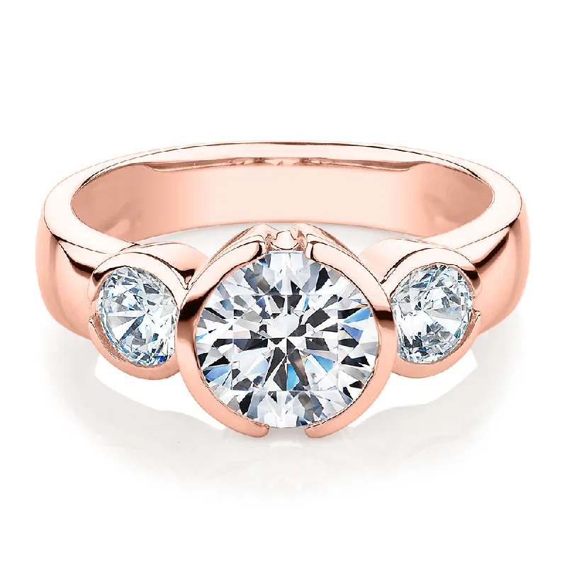 Stackable women rings-Three stone ring with 2.23 carats* of diamond simulants in 10 carat rose gold