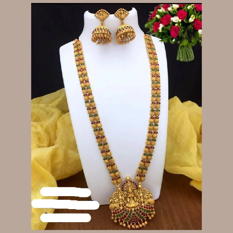 Birthday women necklaces-Sai Fashion Matte Finish Pink & Green Pota Stone Traditional Long Necklace Set