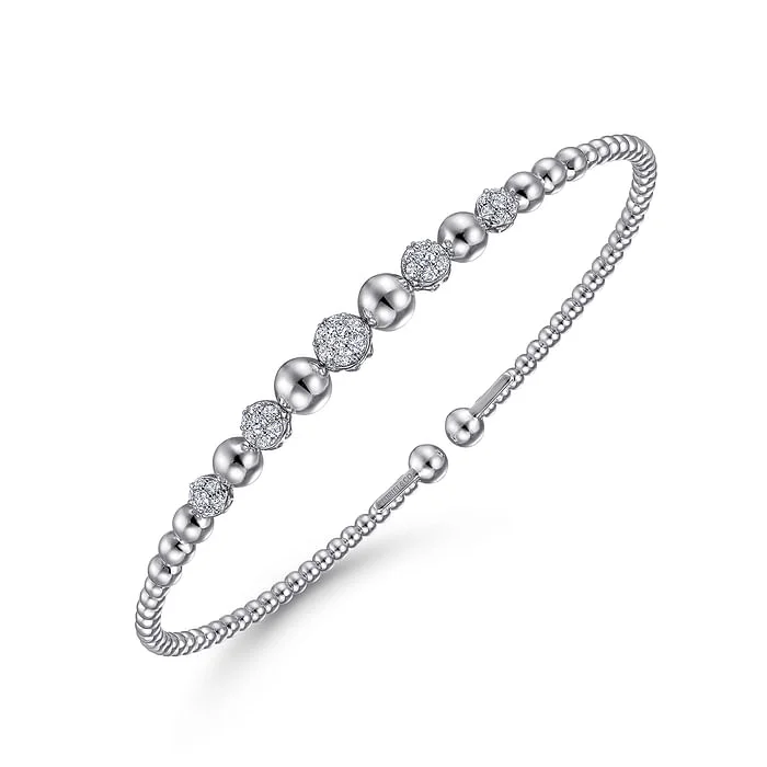 Bridal women bracelets-14K White Gold Bujukan Bead Cuff Bracelet with Pave Diamond Stations