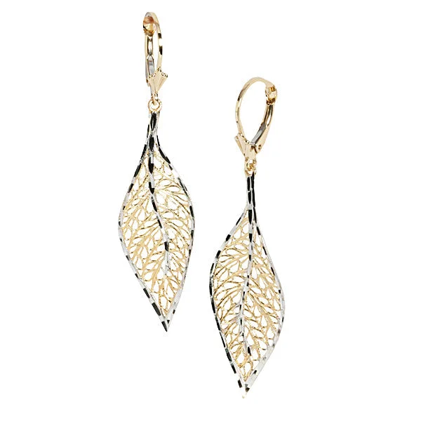 Bridal women earrings-14K Two-Tone Gold (YG/WG) Hollow Leaf Lever Back Earrings