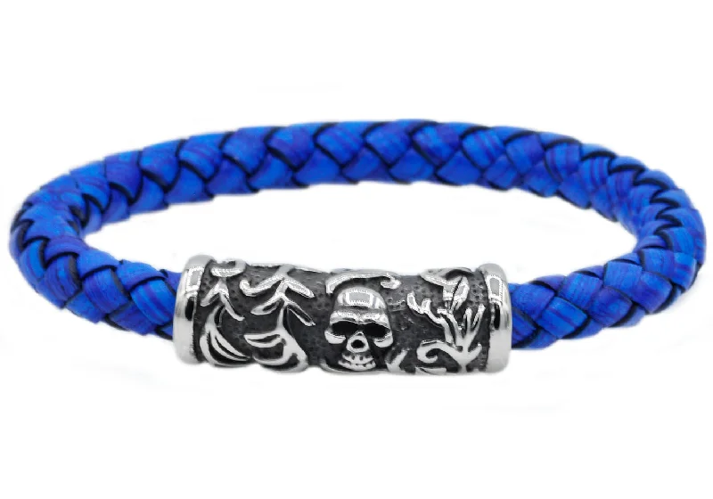 Handmade women bracelets-Mens Blue Leather And Stainless Steel Skull Bracelet