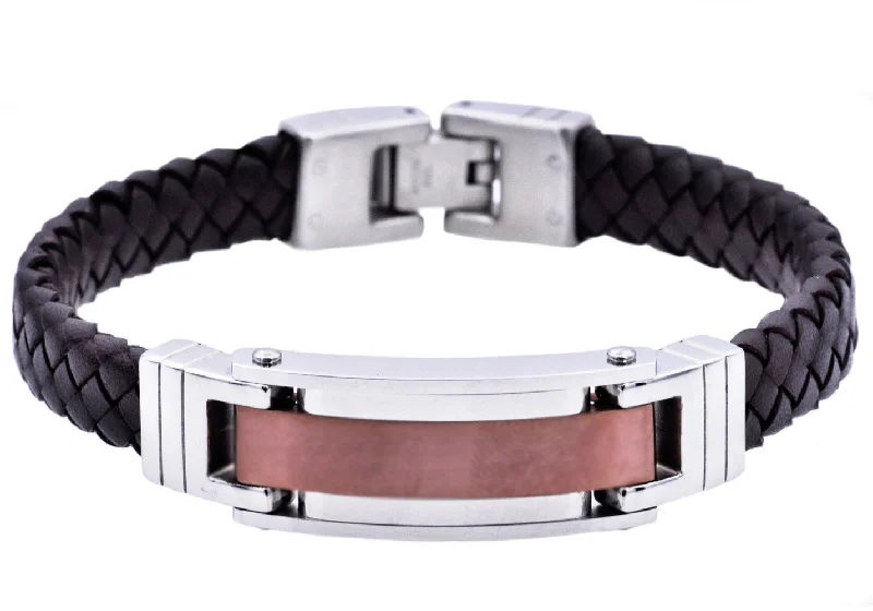 Chic women bracelets-Mens Chocolate Stainless Steel Brown Leather Bracelet