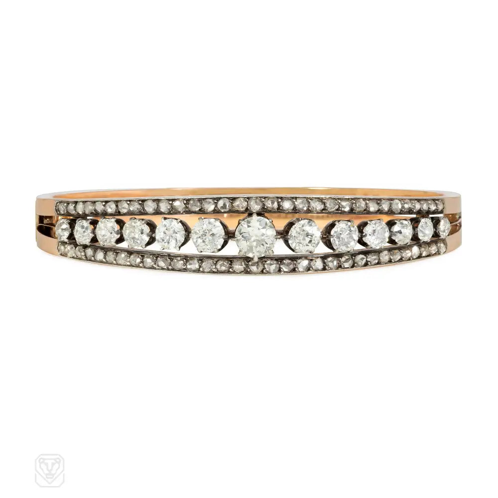 Stylish bangle bracelets for women-Antique graduated diamond and rose gold half-hoop bracelet