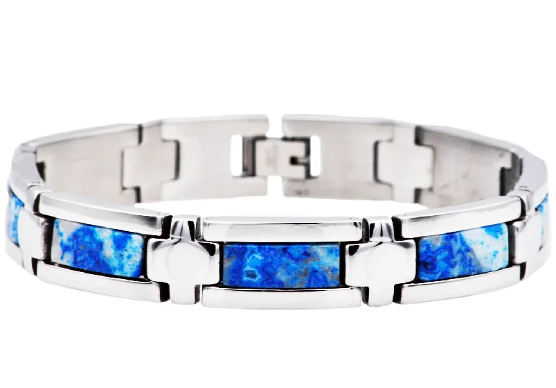 Elegant bangle bracelets for women-Mens Genuine Blue Lace Agate Stainless Steel Bracelet