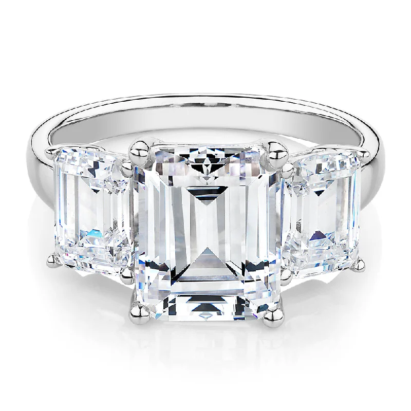 Stackable engagement women rings-Three stone ring with 4.9 carats* of diamond simulants in 10 carat white gold