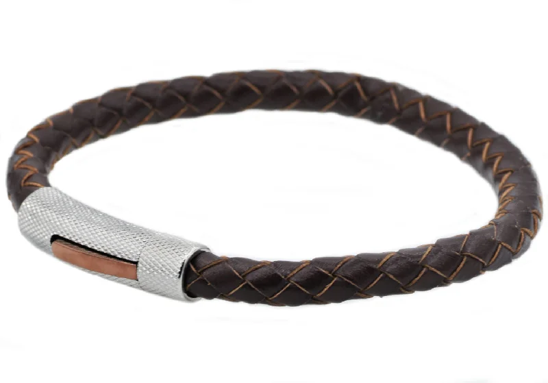 Charm women bracelets-Mens Brown Leather And Stainless Steel Bracelet