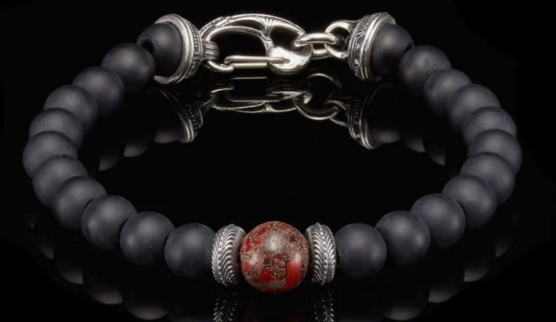 Elegant women bracelets-Gentis, Beaded bracelet with Sterling silver, fossil dinosaur bone, and black onyx