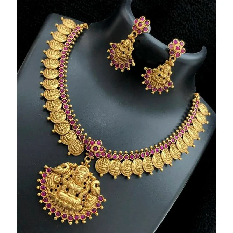 Mini women necklaces-India Art Gold Plated Pink Pota Stone Traditional Necklace Set