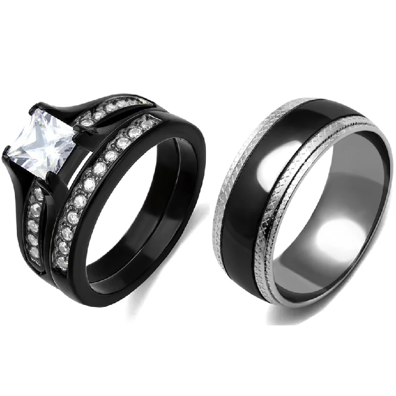 Double halo engagement rings for women-3 PCS Couple Black IP Stainless Steel 7x7mm Princess Cut CZ Engagement Ring Set Mens Matching Band