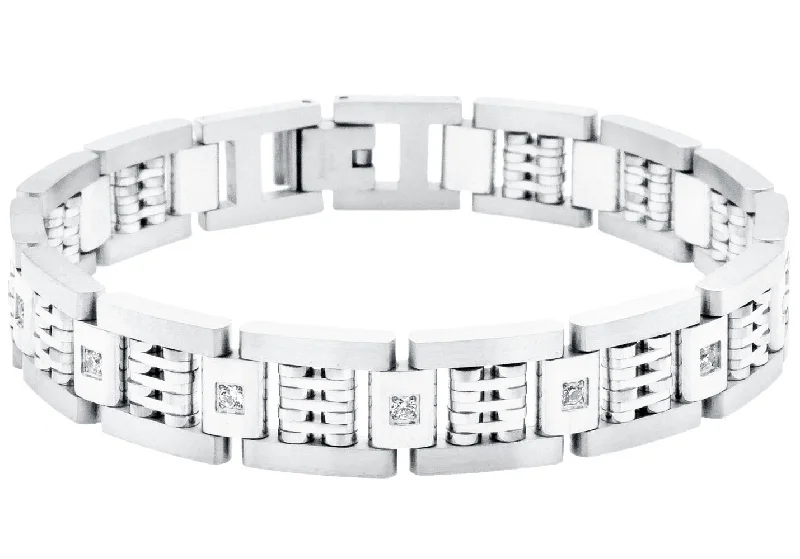 Large cuff women bracelets-Mens Stainless Steel Bracelet With Cubic Zirconia And Polished Steel Parts