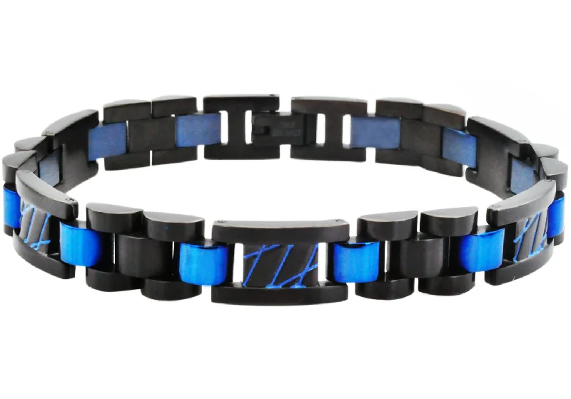 Simple bangles for women-Mens Black And Blue Stainless Steel Link Bracelet With Blue Stripes