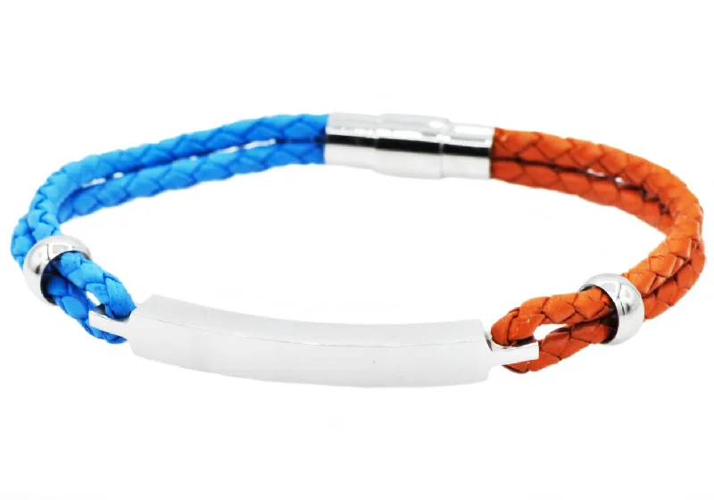 Unique women bracelets-Mens Blue And Orange Leather And Stainless Steel Bracelet